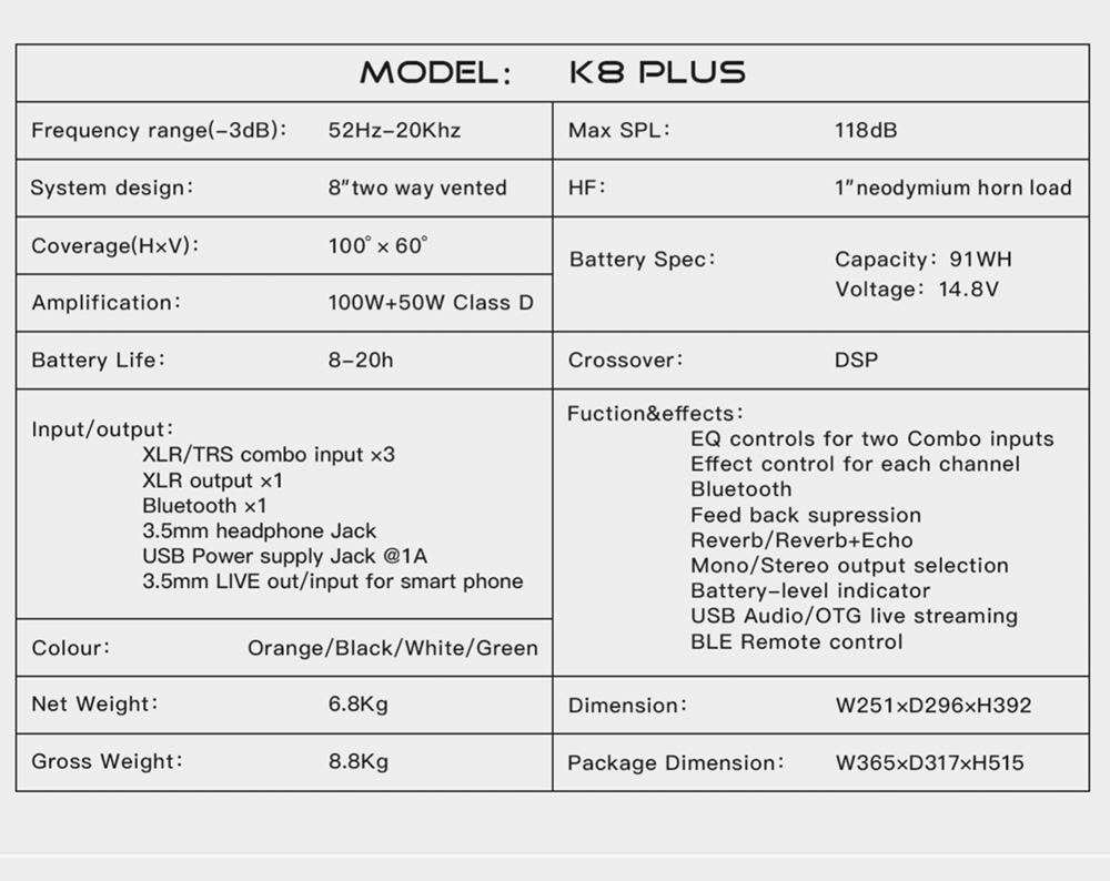 thong so ky thuat loa karaoke di dong Precision K8 Plus